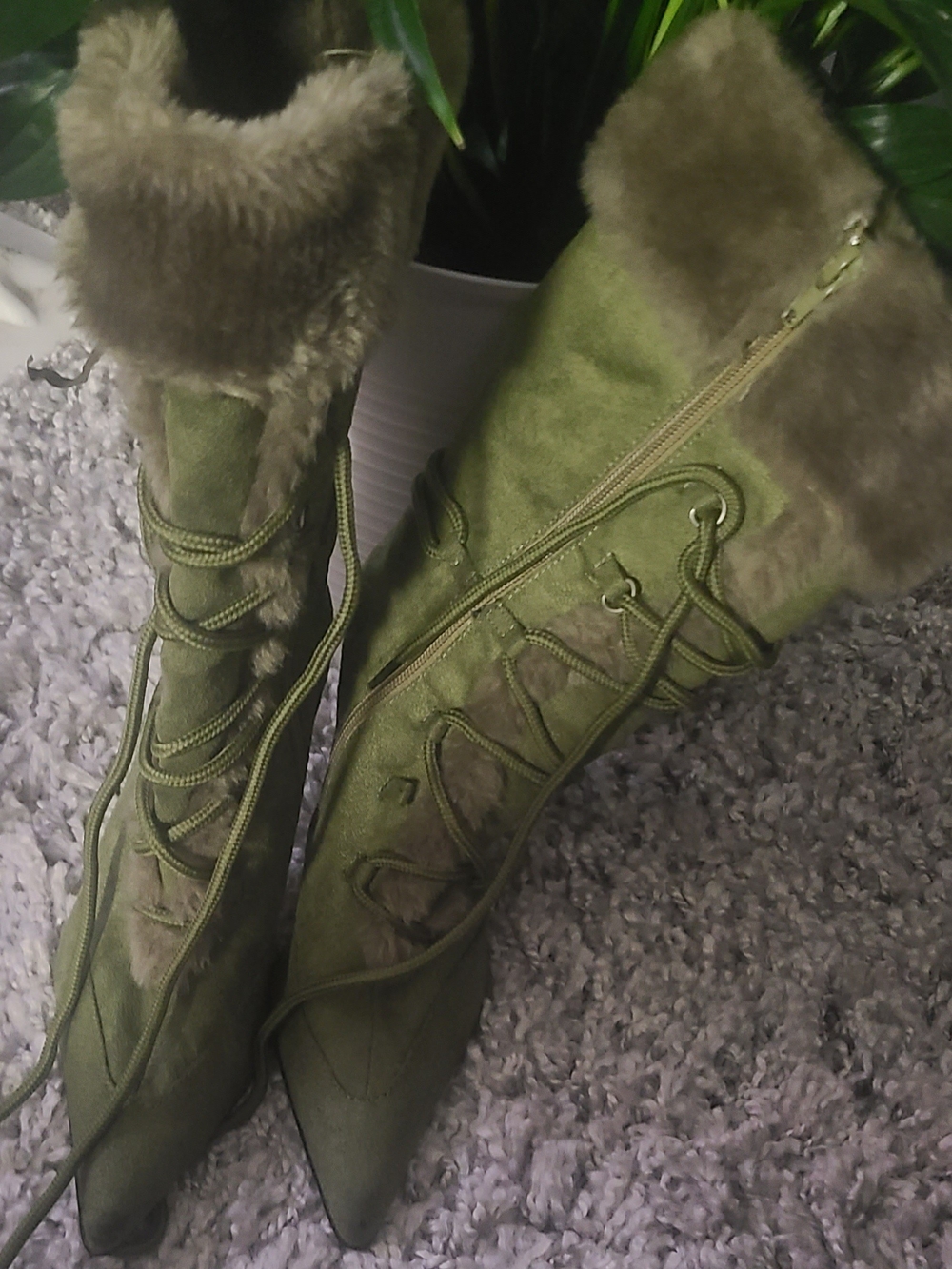 Women's Olive Lace-Up Faux Suede Fur-Trim Boots